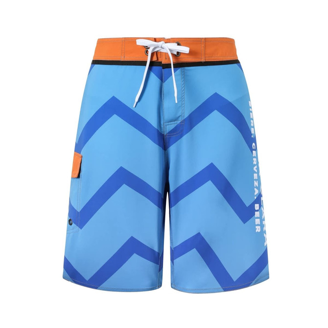 Knee-length swim shorts in blue with a zigzag pattern, featuring an orange waistband and side pocket. Includes a logo.
