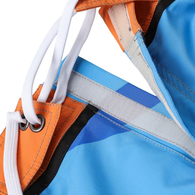 Knee-length men's swim shorts in blue and orange with a drawstring and logo. Ideal for sports activities.