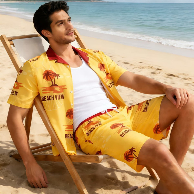 A man sits on a beach chair wearing a yellow Cuban collar shirt and matching shorts with palm tree patterns.