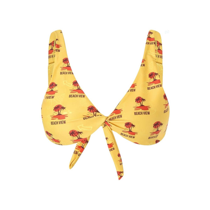A yellow bikini top featuring a tropical print with palm trees and the text "BEACH VIEW." It has a tie at the front and a logo.