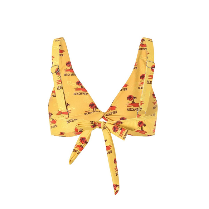 A yellow bikini top featuring a tropical print and a tie at the front, with a logo. Perfect for sporty styles.
