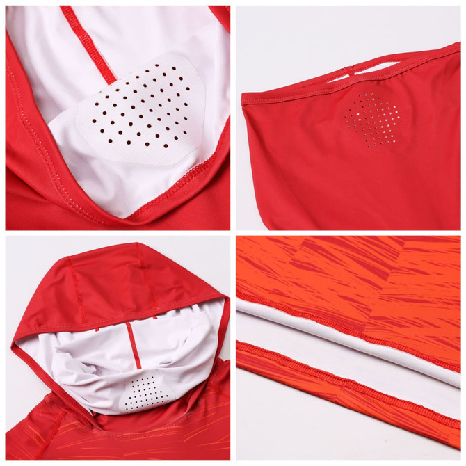 A red men's polyester spandex hoodie featuring a hood with ventilation holes, detailed patterns, and a logo.
