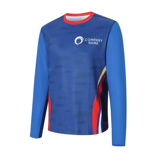 A long-sleeved t-shirt in blue with a red and yellow design, featuring a logo on the front.