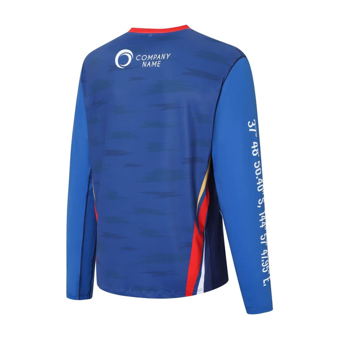 A long-sleeved T-shirt in blue with red and yellow accents, featuring a logo on the back.