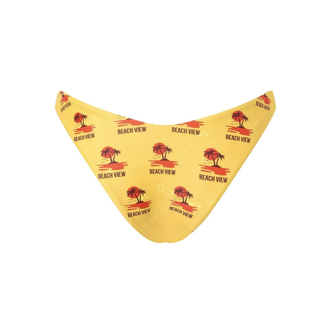 A yellow bikini bottom featuring a tropical palm tree and sunset design, with a logo.