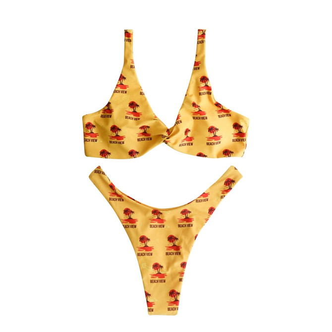 A yellow bikini bottom featuring a patterned design with a logo, made from polyester and spandex.