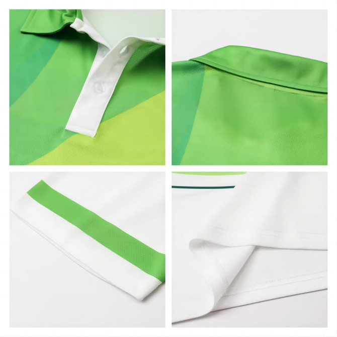 A green and white unisex polo shirt with a subtle striped design, featuring a collar and button closure.