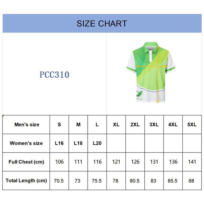 A green and yellow unisex polo shirt with a logo, displayed alongside a size chart.