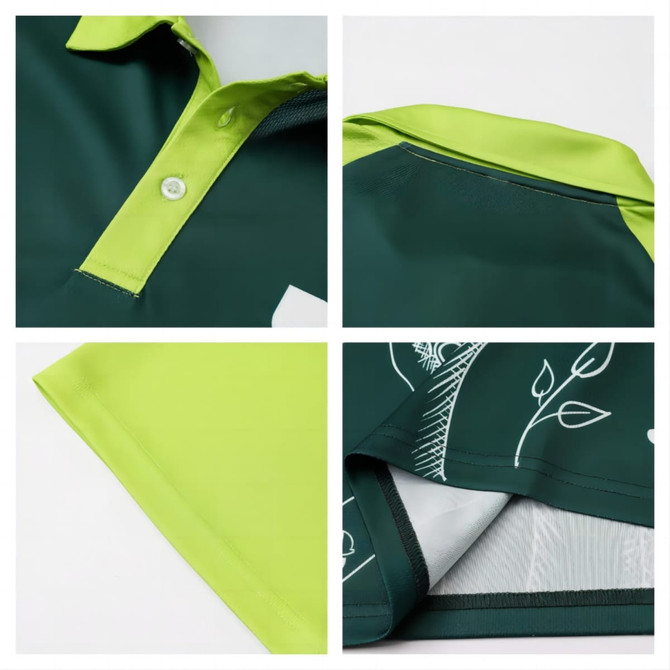 A green and lime unisex polo shirt with a collar, button placket, and a logo. Features a unique sublimated design.