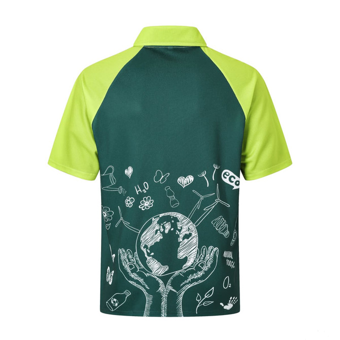 A green and lime unisex polo shirt featuring eco-themed graphics and a logo. Suitable for casual wear.