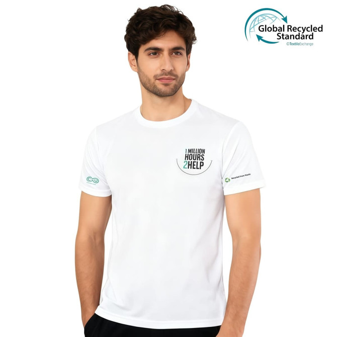 A white unisex tee shirt with a round collar and a logo, featuring a sustainable design.
