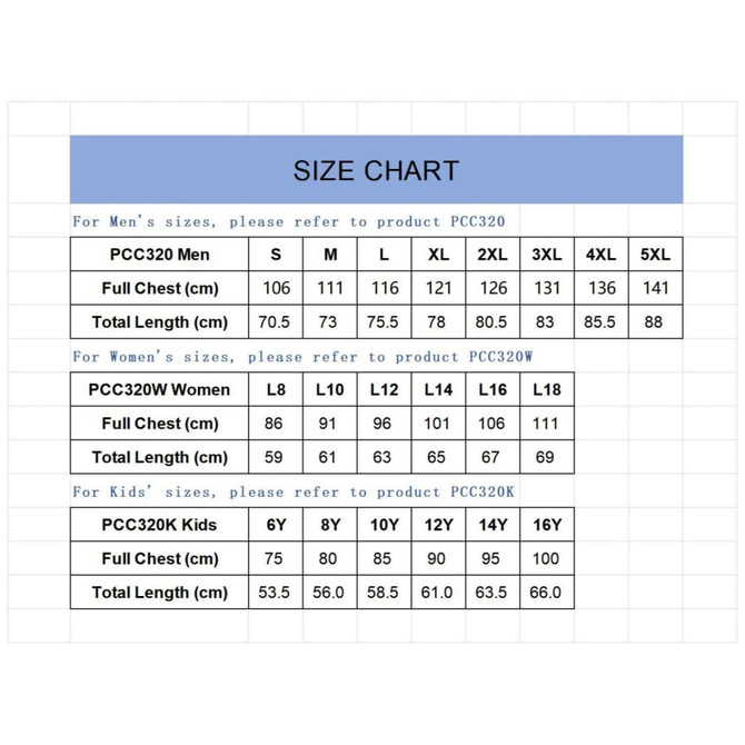 A size chart for a unisex RPET sublimated round-collar tee shirt, detailing measurements for men, women, and kids.