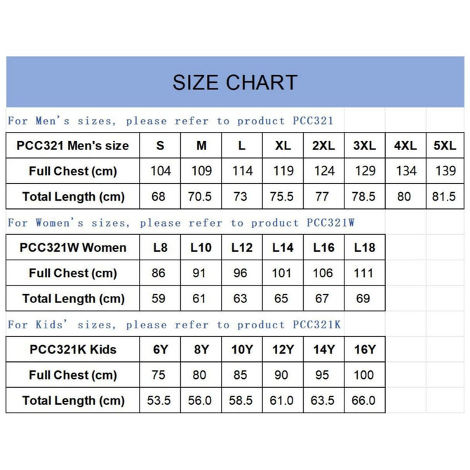 A size chart displaying measurements for men's, women's, and kids' t-shirt sizes, including chest and length dimensions.