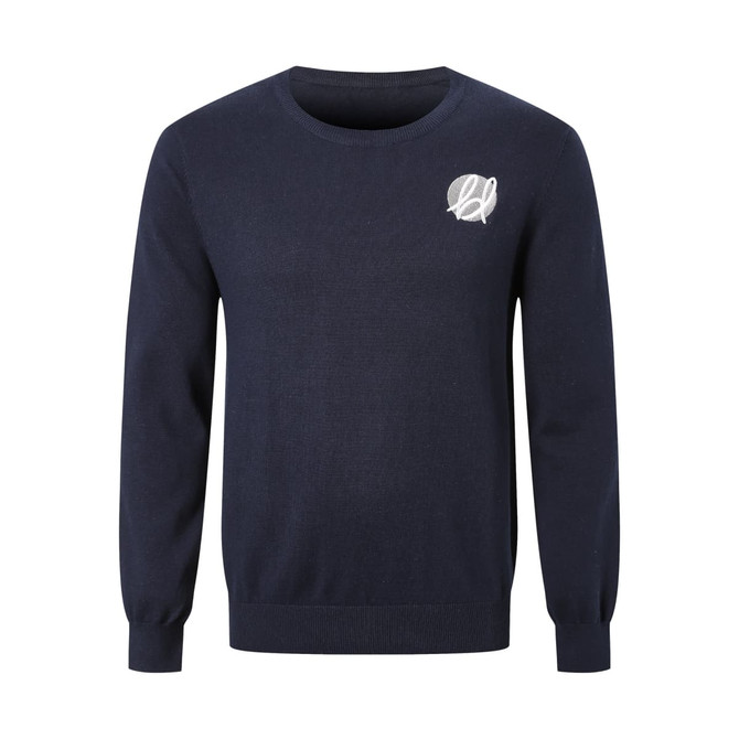 A navy unisex 100% cotton round collar sweater with a small logo. Long sleeves and ribbed cuffs.