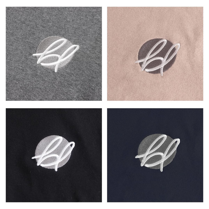 A collection of unisex 100% cotton round collar sweaters in grey, pink, black, and navy, each featuring a logo.