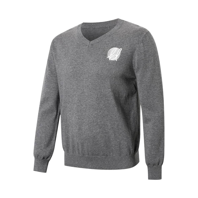 A grey unisex 100% cotton v-neck sweater with long sleeves and a logo on the chest.