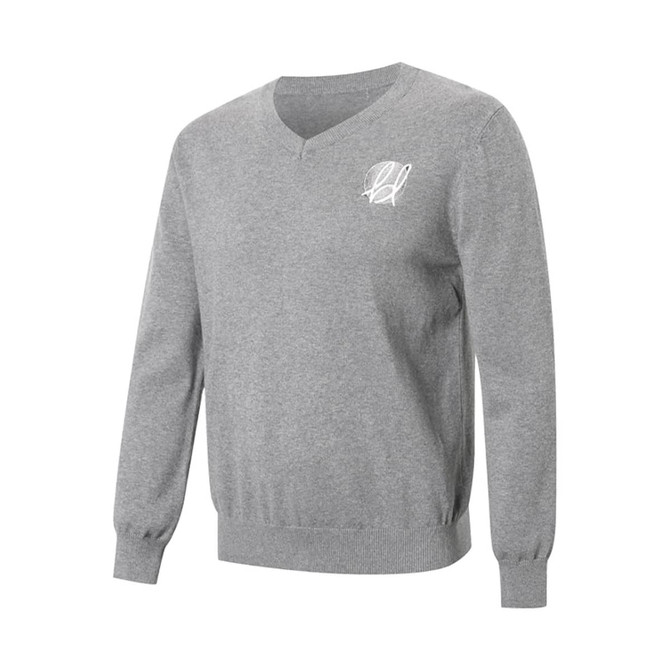 A grey unisex 100% cotton V-neck sweater with long sleeves and a logo on the chest.