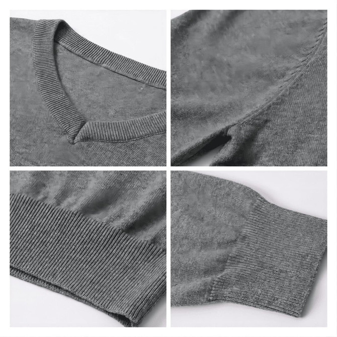 A grey unisex 100% cotton V-neck sweater featuring ribbed cuffs and neckline, showcasing different angles.