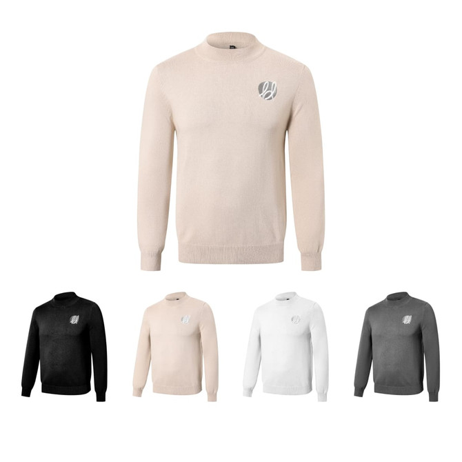 Unisex 100% cotton crew neck sweater displayed in beige, black, white, and grey, featuring a logo on the chest.