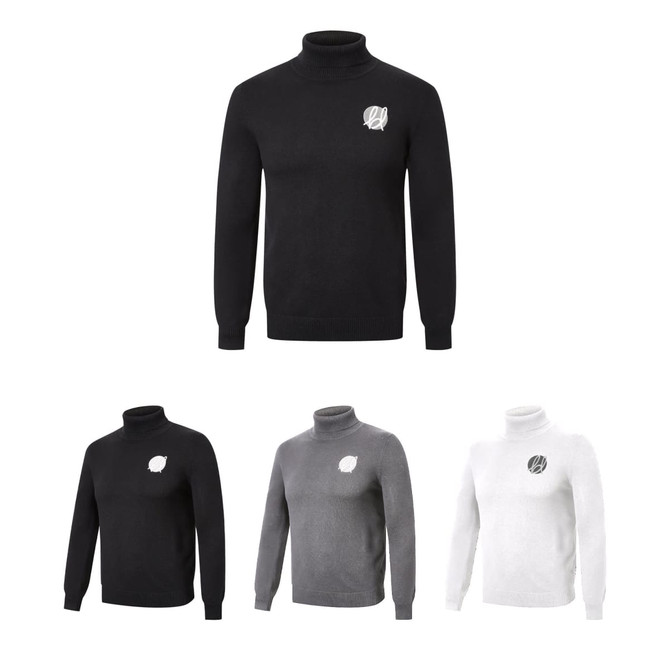 Unisex 100% cotton turtleneck sweaters in black, grey, and white with a logo detail on the front.
