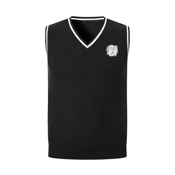 A black unisex cotton spandex v-neck knitted vest with contrasting white detailing and a logo.