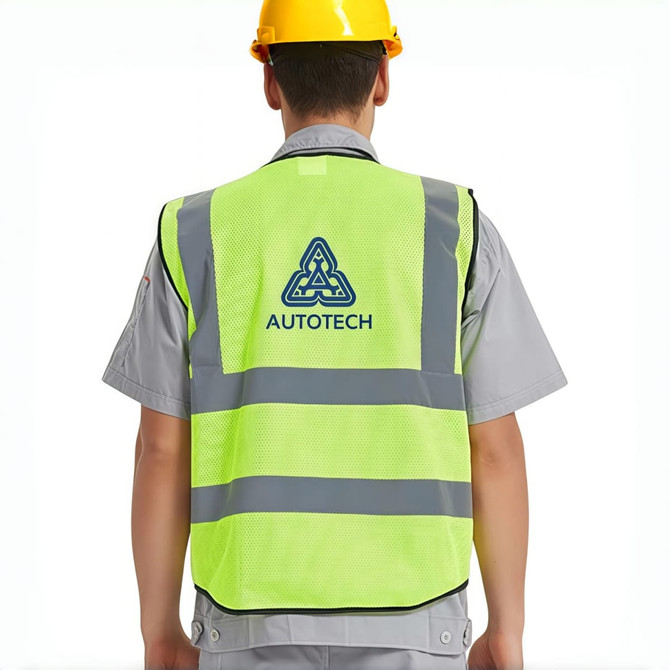 A hi-vis yellow vest with reflective tapes and functional pockets, featuring a logo on the back.