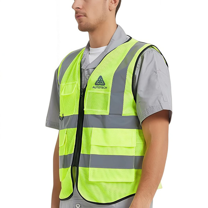 A hi-vis yellow unisex vest featuring reflective tapes and multiple functional pockets, with a logo on the front.