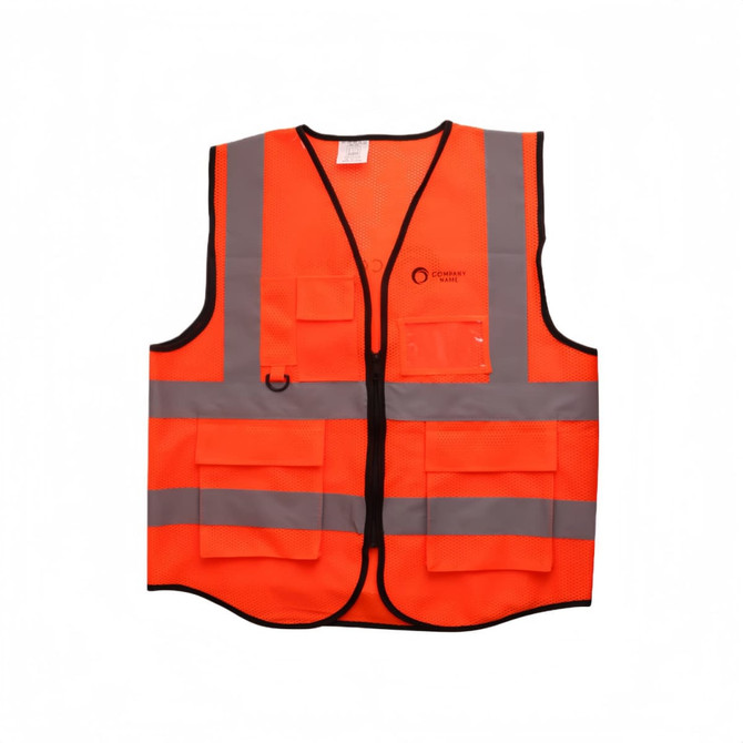 A bright orange unisex hi-vis vest featuring reflective tapes and multiple functional pockets, with branding.