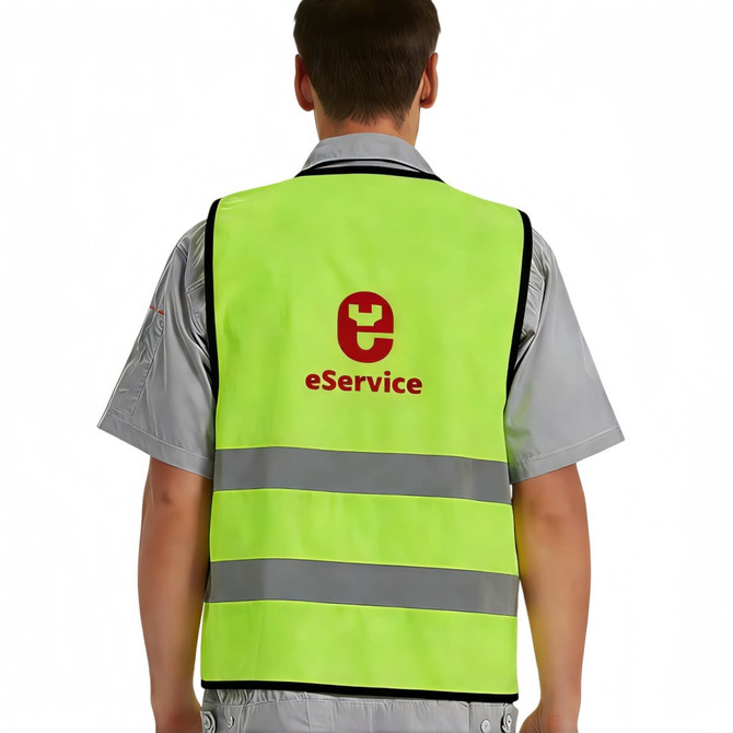 A bright yellow unisex hi-vis vest with horizontal reflective tape and a logo on the back.