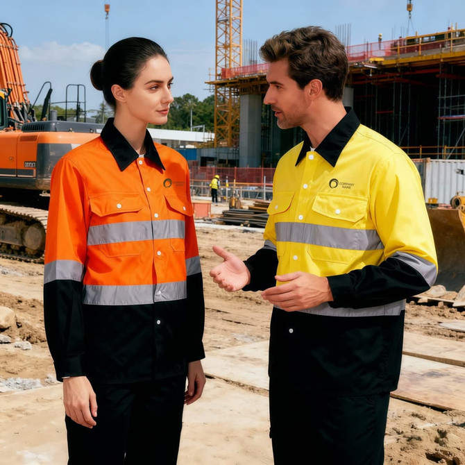 Unisex long-sleeve shirt in hi-vis orange and yellow with reflective stripes, featuring a logo.