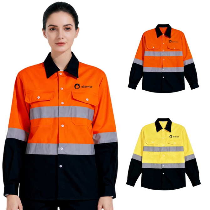 A unisex long sleeve Hi-Vis reflective shirt in orange and black, featuring reflective stripes and a logo.