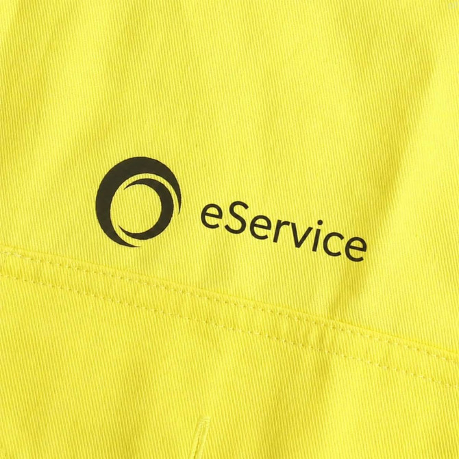 A bright yellow unisex long-sleeve reflective work shirt featuring a logo on the front.