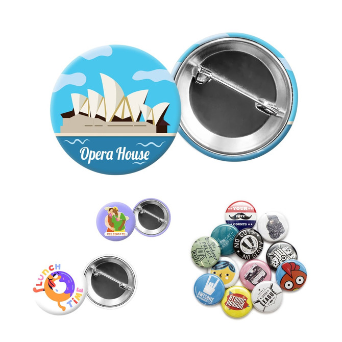 A collection of button badges, featuring various designs, colours, and a backing for pins.