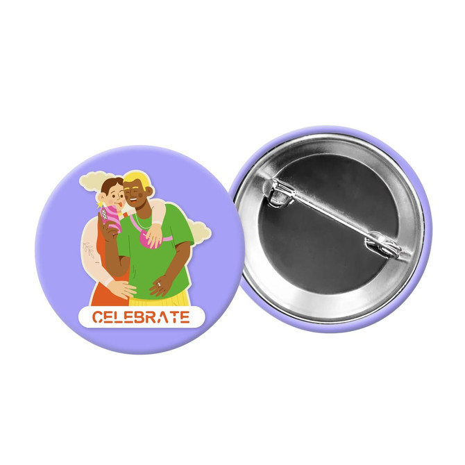 A purple button badge featuring an illustration of two people celebrating with a silver backing.