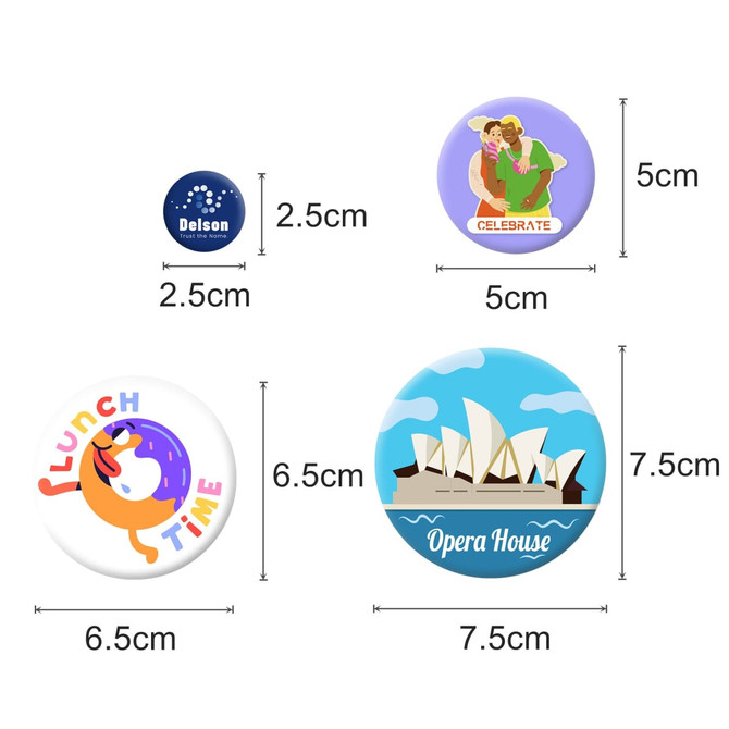A variety of button badges in different sizes, featuring vibrant designs and colours, including a donut and a famous building.