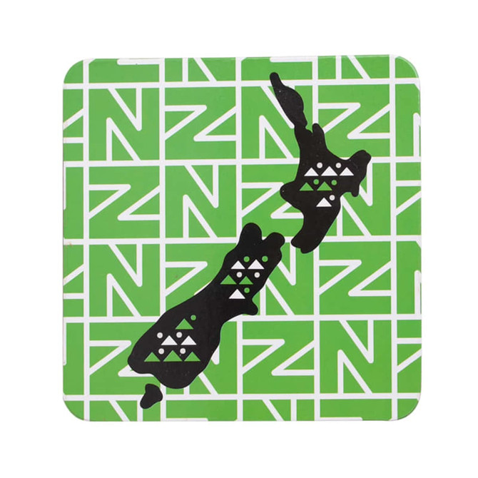 A green cork coaster featuring a black outline of New Zealand and geometric patterns. It has a logo on the corner.