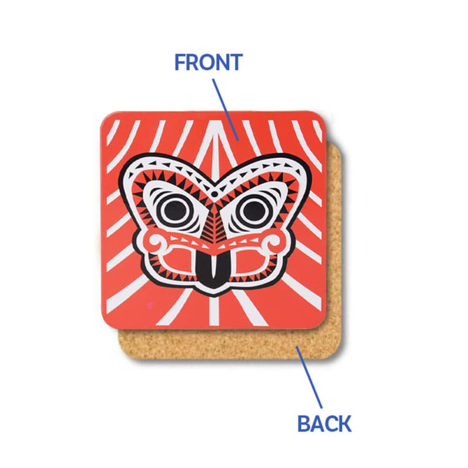 A cork coaster featuring a bold, red design with a black mask graphic, showing both front and back views.