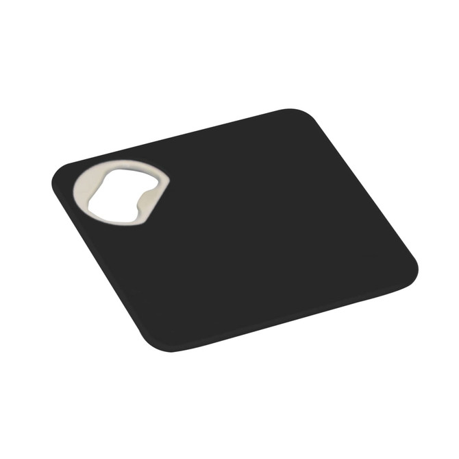 A black square coaster bottle opener with a metal opening section and a smooth surface. It has a logo.