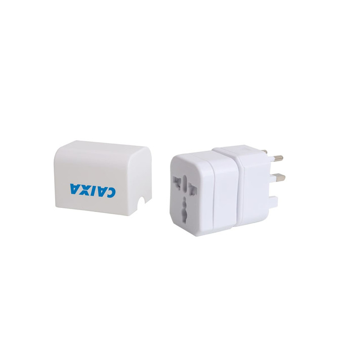A white universal plug travel adapter set with a compact design and a logo on one side.