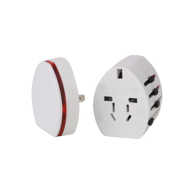 A white travel adapter with a red stripe, featuring multiple port options and USB compatibility.