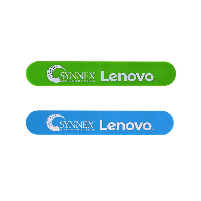 Two silicone magnetic clips in green and blue, featuring branding on each clip.