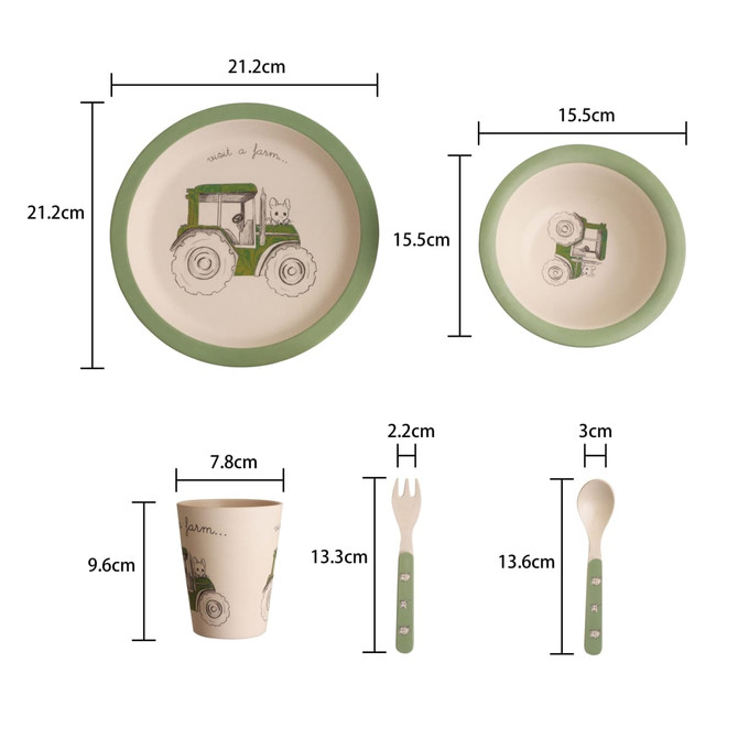 Bamboo fibre tableware set featuring a green rim, includes a plate, bowl, cup, fork, and spoon with tractor design.