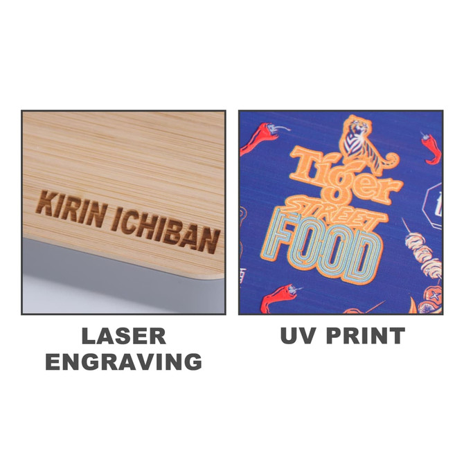 A bamboo cover featuring laser engraving and a vibrant UV print design in various colours.