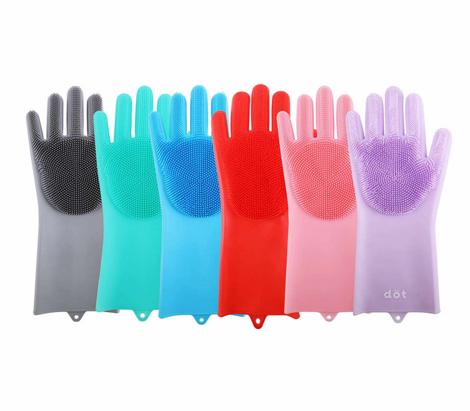 Silicone cleaning gloves in various colours: grey, teal, blue, red, pink, and purple, featuring textured surfaces.