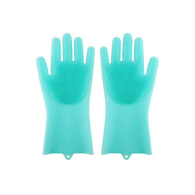 A pair of mint green silicone gloves feature textured surfaces for cleaning, with integrated brush-like nodules.