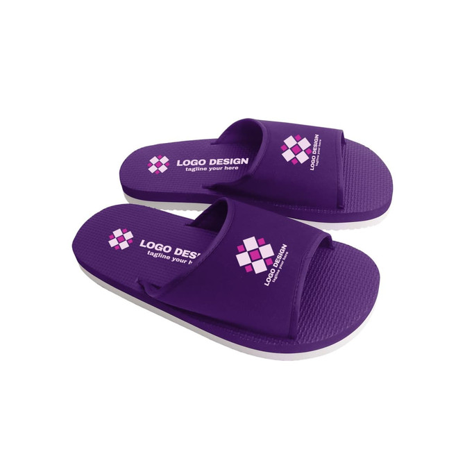 Purple EVA Slides with a textured sole and a strap featuring a logo design.