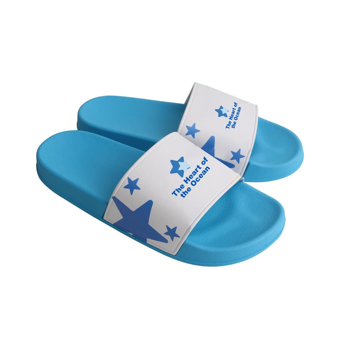 A pair of blue PVC slides with a white strap featuring a logo and star design.