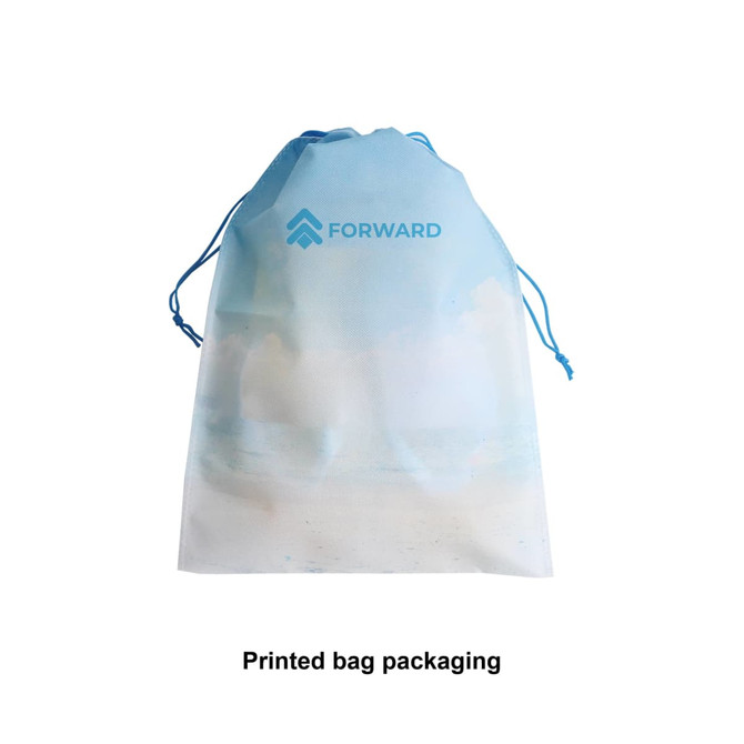 A printed bag packaging with a blue ocean and sky design, featuring a logo. There are drawstrings at the top.