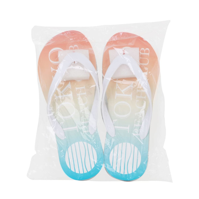 EVA classic thongs in gradient shades of orange and blue, packed in clear plastic. Features a logo on the footbed.