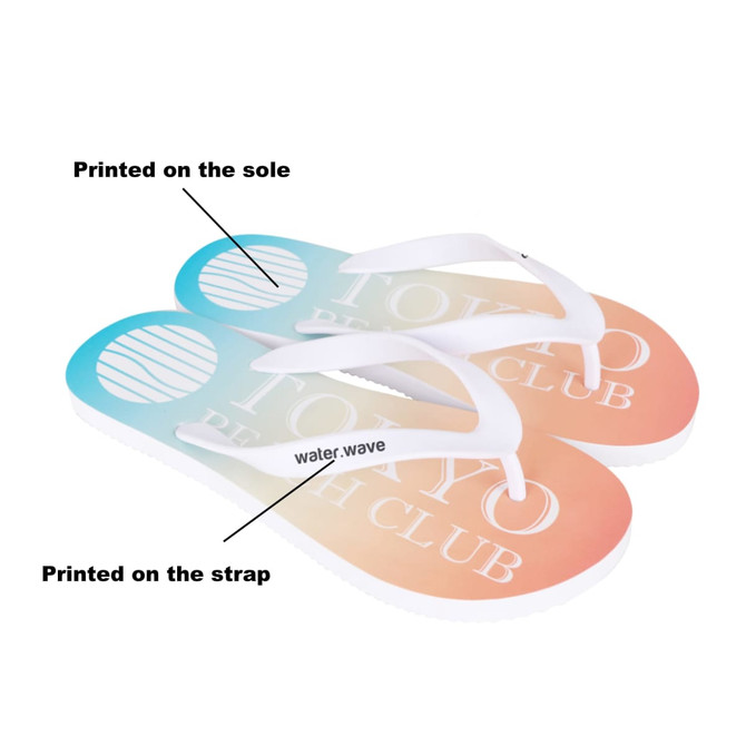 A pair of EVA Classic Thongs featuring a gradient design in blue and orange, with a white strap and sole.